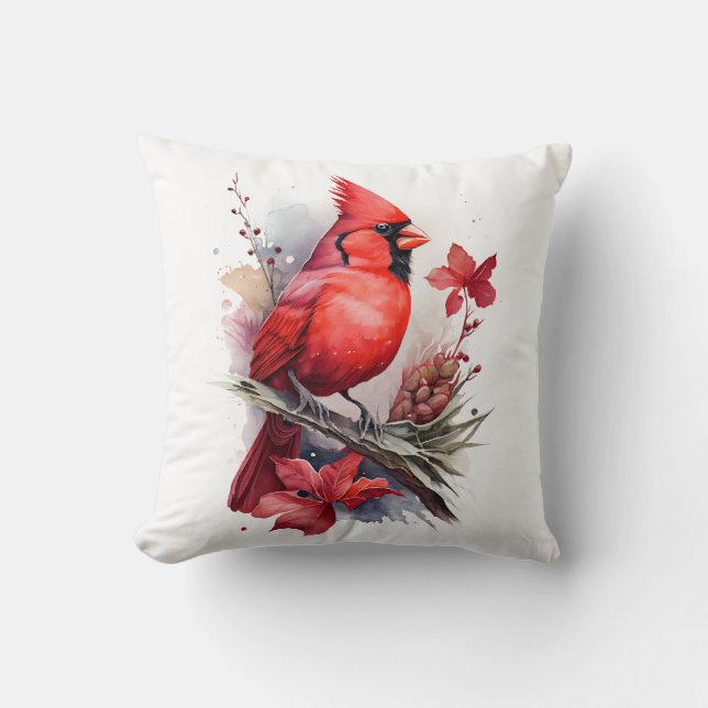Red Watercolor Winter Cardinal Cushion (Front)