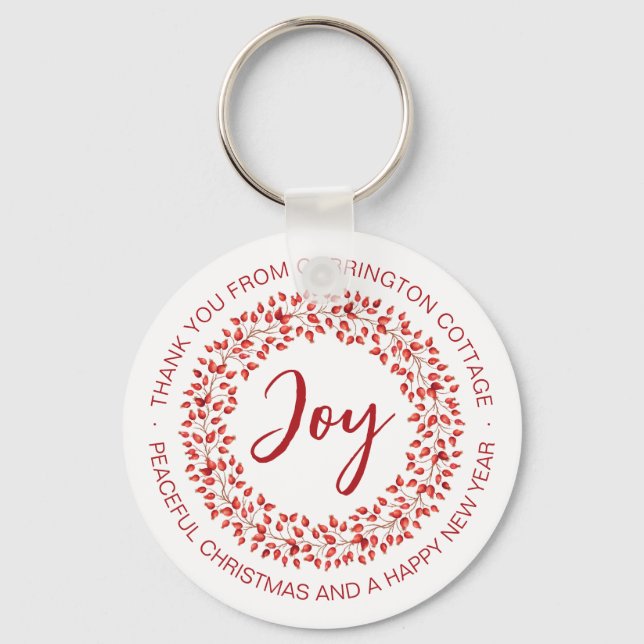Red Watercolor Wreath Custom Business Christmas  Key Ring (Front)