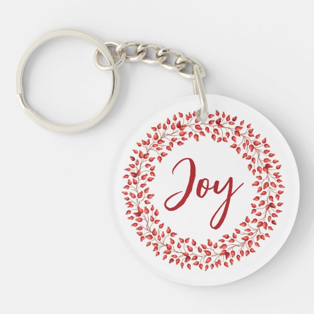 Red Watercolor Wreath Joy Christmas Logo Gift.  Key Ring (Front)