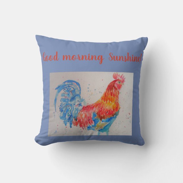 Red Watercolour Rooster Good Morning Sunshine Cushion (Front)