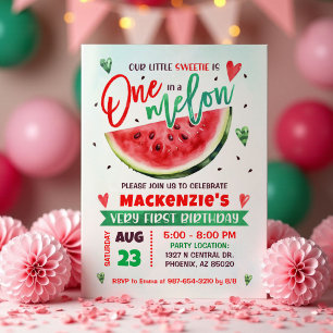 Red Watermelon First Birthday party Invitation