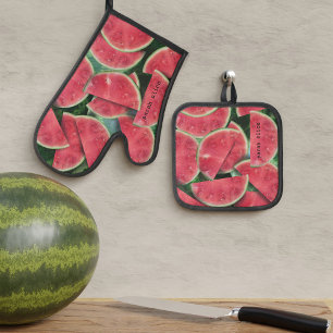 Red Watermelon Fruit Slice Oven Mitt & Pot Holder Set