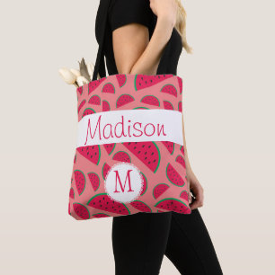 Red Watermelon Summer Fun Initial Monogram Tote Bag
