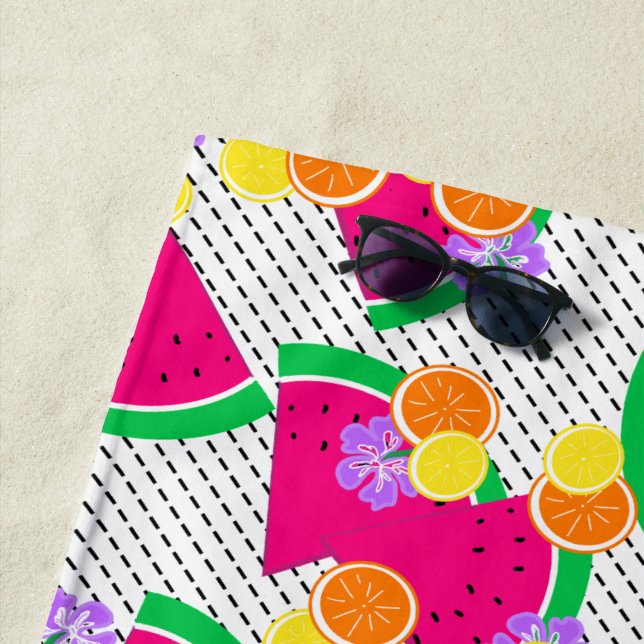 Red Watermelon Yellow Lemons Tropical Beach Towel (In Situ)
