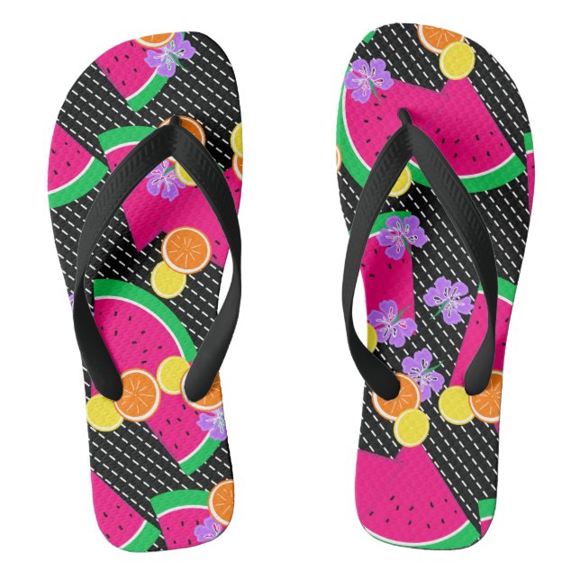 Red Watermelon Yellow Lemons Tropical Flip Flops (Footbed)