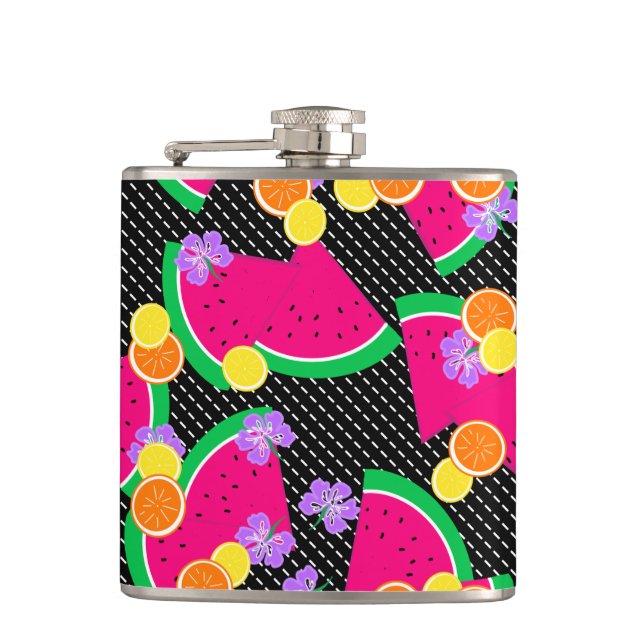 Red Watermelon Yellow Lemons Tropical Hip Flask (Front)