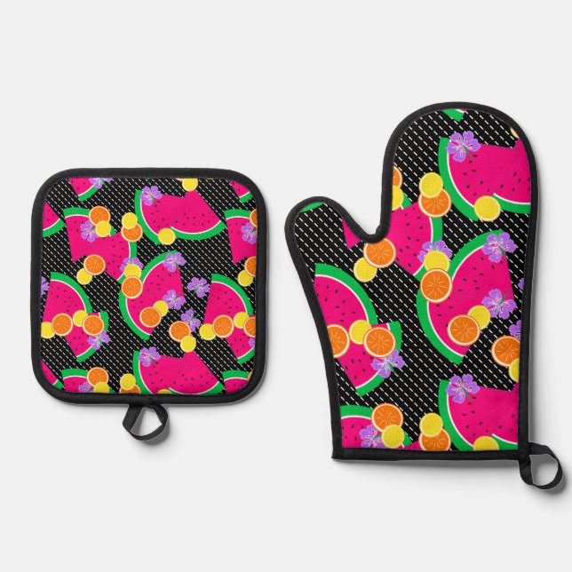 Red Watermelon Yellow Lemons Tropical Oven Mitt & Pot Holder Set (Front)