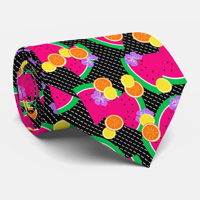Red Watermelon Yellow Lemons Tropical Tie (Rolled)