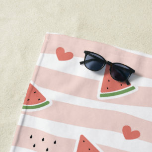 Red Watermelons, Hearts, Stripes, Summer Pattern Beach Towel