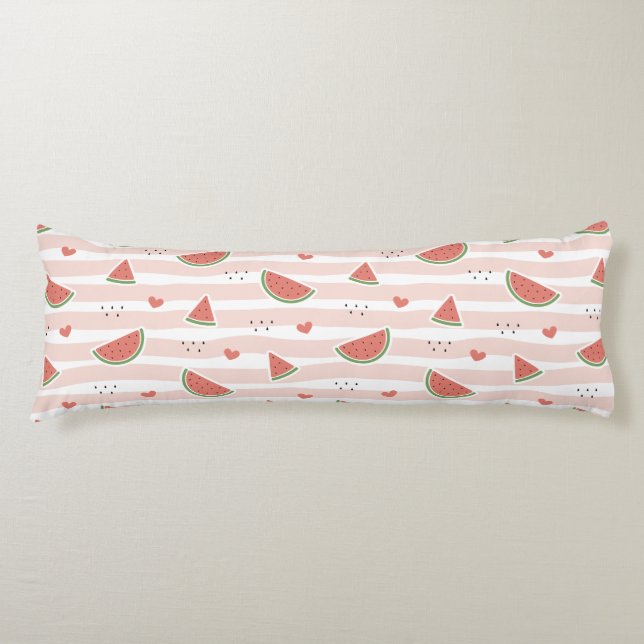 Red Watermelons, Hearts, Stripes, Summer Pattern Body Cushion (Front)