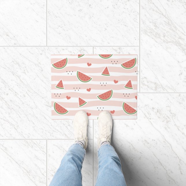Red Watermelons, Hearts, Stripes, Summer Pattern Doormat (Indoor)