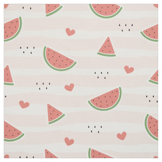 Red Watermelons, Hearts, Stripes, Summer Pattern Fabric (Swatch)