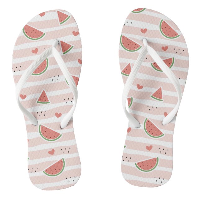 Red Watermelons, Hearts, Stripes, Summer Pattern Flip Flops (Footbed)