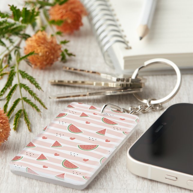 Red Watermelons, Hearts, Stripes, Summer Pattern Key Ring (Front Right)