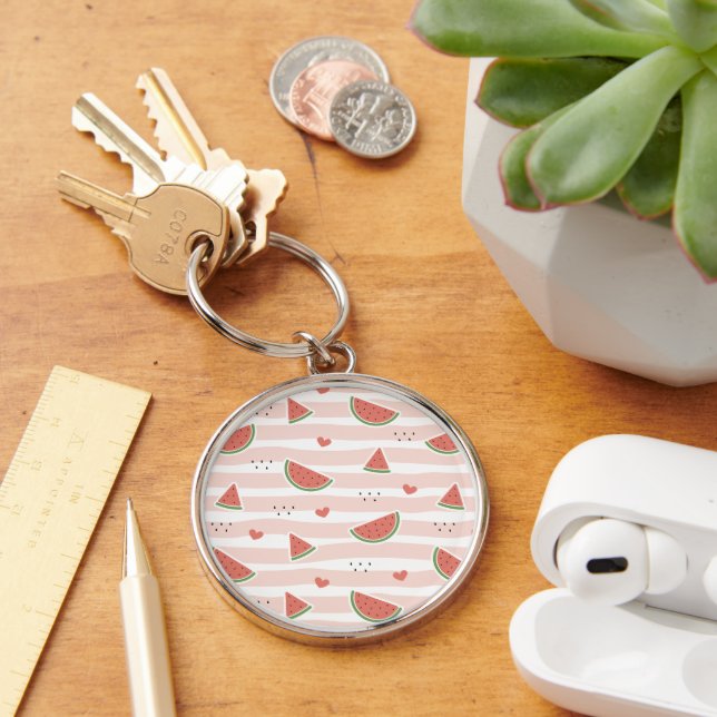Red Watermelons, Hearts, Stripes, Summer Pattern Key Ring (Desk)