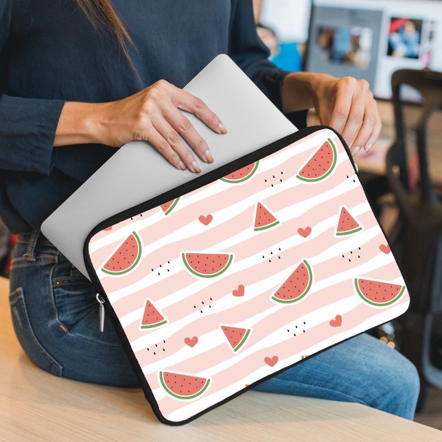 Red Watermelons, Hearts, Stripes, Summer Pattern Laptop Sleeve (Creator Uploaded)