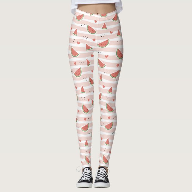 Red Watermelons, Hearts, Stripes, Summer Pattern Leggings (Front)