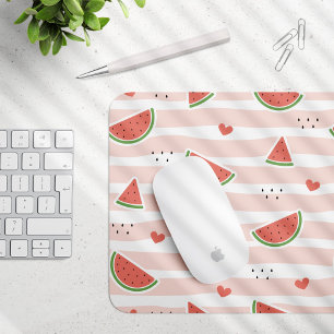 Red Watermelons, Hearts, Stripes, Summer Pattern Mouse Mat