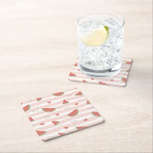 Red Watermelons, Hearts, Stripes, Summer Pattern Square Paper Coaster