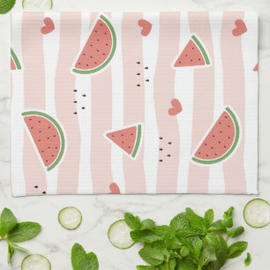 Red Watermelons, Hearts, Stripes, Summer Pattern Tea Towel