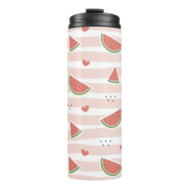 Red Watermelons, Hearts, Stripes, Summer Pattern Thermal Tumbler (Front)