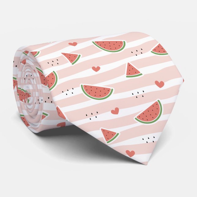 Red Watermelons, Hearts, Stripes, Summer Pattern Tie (Rolled)