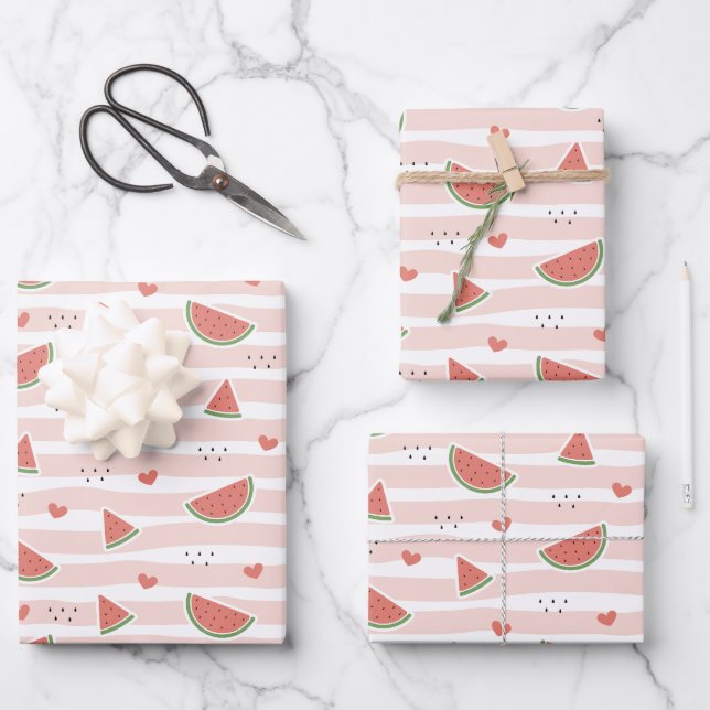 Red Watermelons, Hearts, Stripes, Summer Pattern Wrapping Paper Sheet (Front)