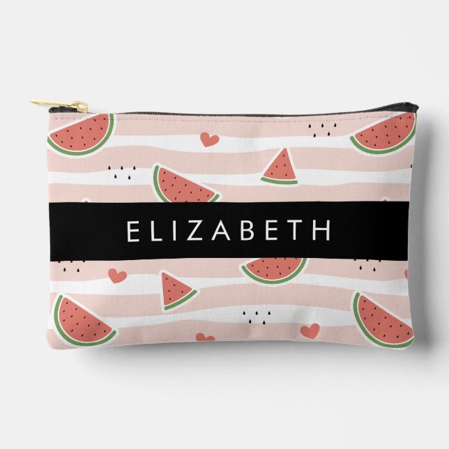 Red Watermelons, Hearts, Stripes, Your Name Accessory Pouch (Front)
