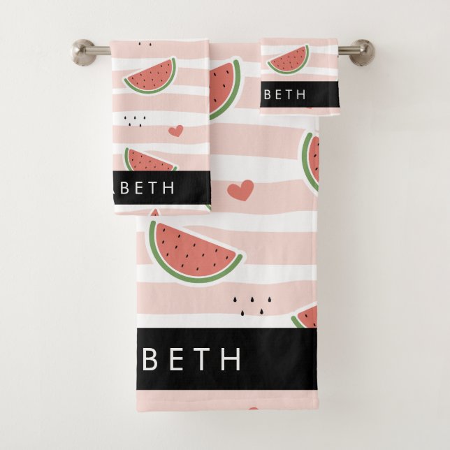 Red Watermelons, Hearts, Stripes, Your Name Bath Towel Set (Insitu)