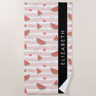 Red Watermelons, Hearts, Stripes, Your Name Beach Towel