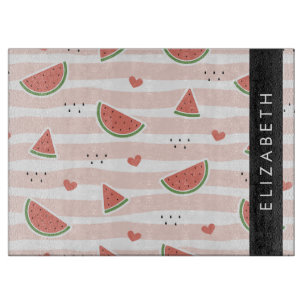 Red Watermelons, Hearts, Stripes, Your Name Cutting Board