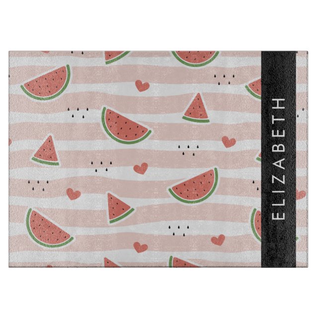 Red Watermelons, Hearts, Stripes, Your Name Cutting Board (Front)