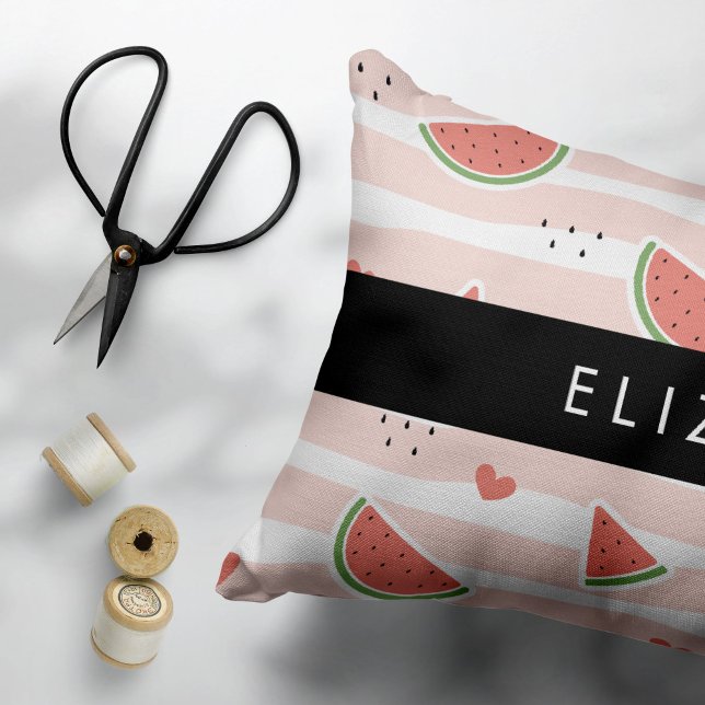 Red Watermelons, Hearts, Stripes, Your Name Decorative Cushion (Creator Uploaded)