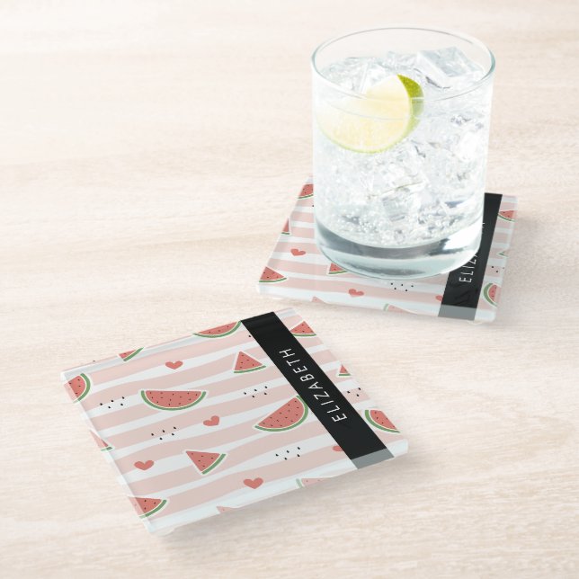 Red Watermelons, Hearts, Stripes, Your Name Glass Coaster (Angled)