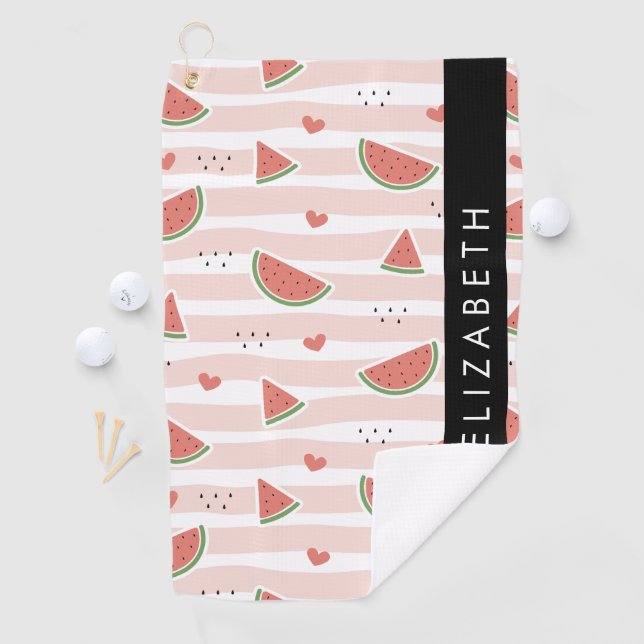 Red Watermelons, Hearts, Stripes, Your Name Golf Towel (InSitu)