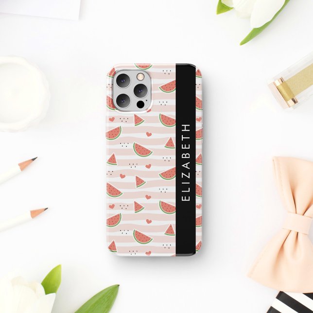 Red Watermelons, Hearts, Stripes, Your Name iPhone 16 Case (Creator Uploaded)