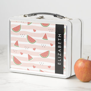 Red Watermelons, Hearts, Stripes, Your Name Metal Lunch Box