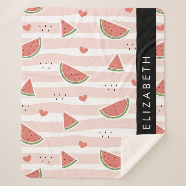 Red Watermelons, Hearts, Stripes, Your Name Sherpa Blanket (Front)