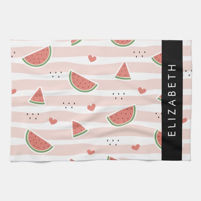 Red Watermelons, Hearts, Stripes, Your Name Tea Towel (Horizontal)