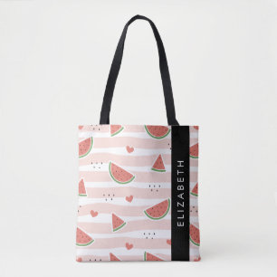Red Watermelons, Hearts, Stripes, Your Name Tote Bag