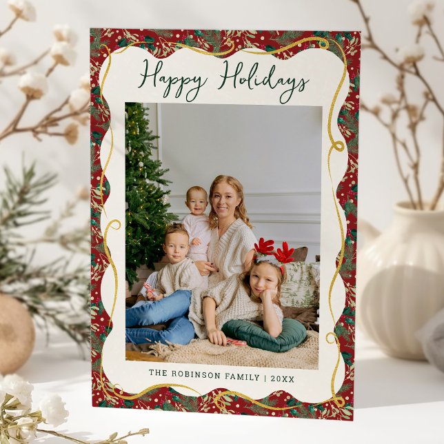 Red Wavy Frame Botanical Happy Holidays 1 Photo Holiday Card (Creator Uploaded)