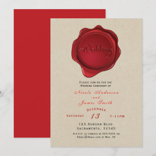 Red Wax Seal Elegant Kraft Brown Rustic Wedding Invitation