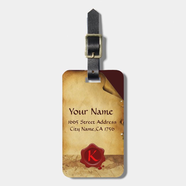 RED WAX SEAL OLD PARCHMENT Monogram Luggage Tag (Front Vertical)