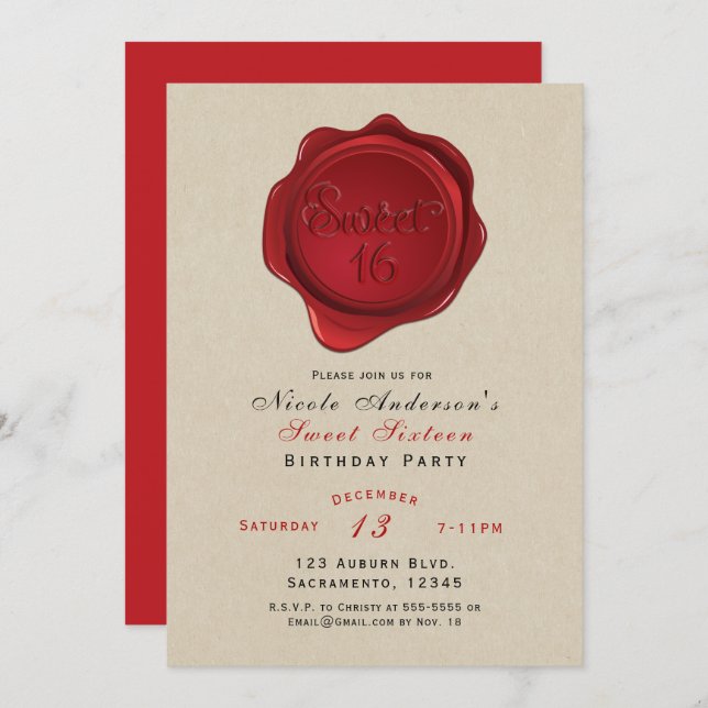 Red Wax Seal Sweet 16 Rustic Kraft Birthday Party Invitation (Front/Back)