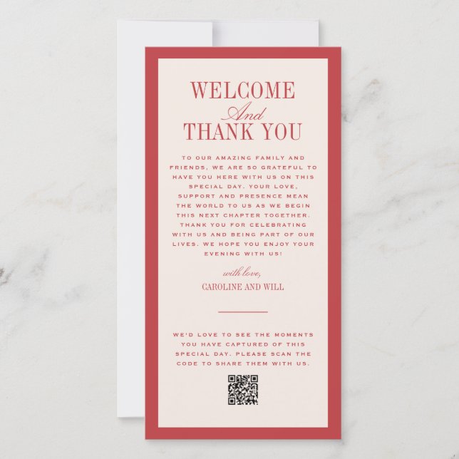 Red Wedding Ceremony or Reception Welcome Thank You Card (Front)