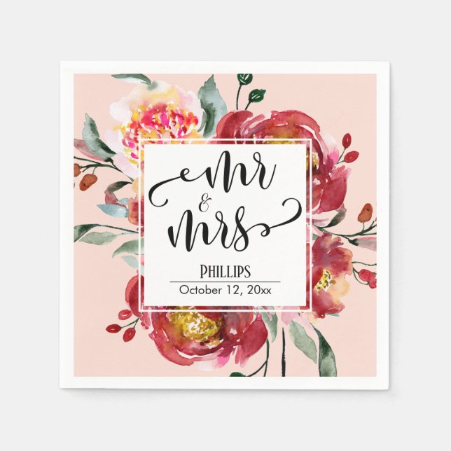 Red Wedding Flower Bouquet Mr & Mrs Script, Blush Napkin (Front)