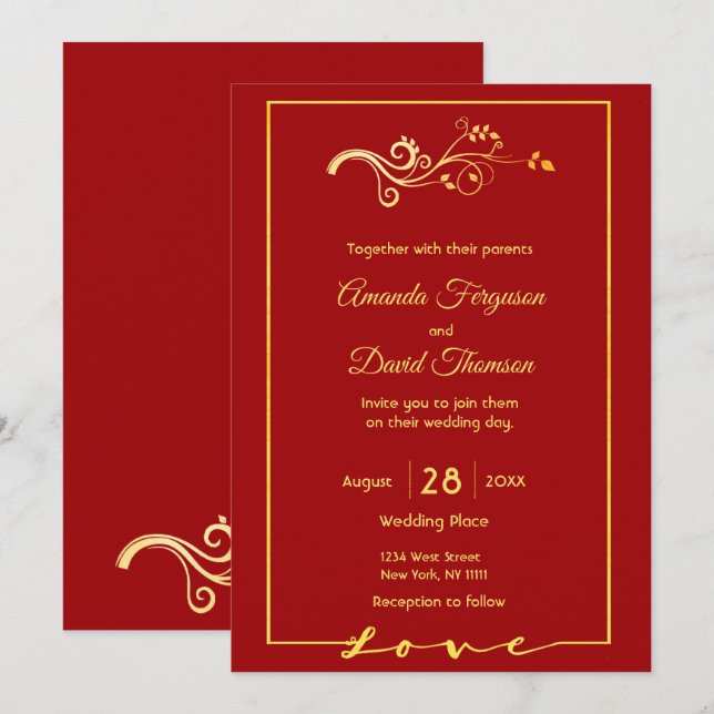 Red wedding invitation card with faux gold decor (Front/Back)
