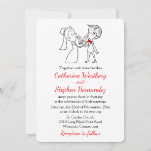 Red Wedding Invitation Cartoon Bride & Groom
