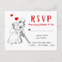 Red Wedding RSVP Cartoon Bride Groom Vintage Cute