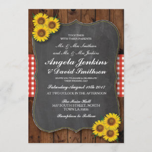 Red Wedding Rustic Sunflower Wood Chalk Invite